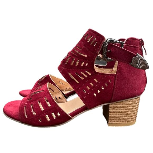 Bergundy Block Heel Suede Sandals EU 39 Oxblood Maroon Red Fall Bohemian Holiday - Picture 4 of 6